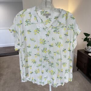 Alexander Jordan Women L Lemon Cap Short Sleeve V-Neck Blouse Rayon Beach Fresh